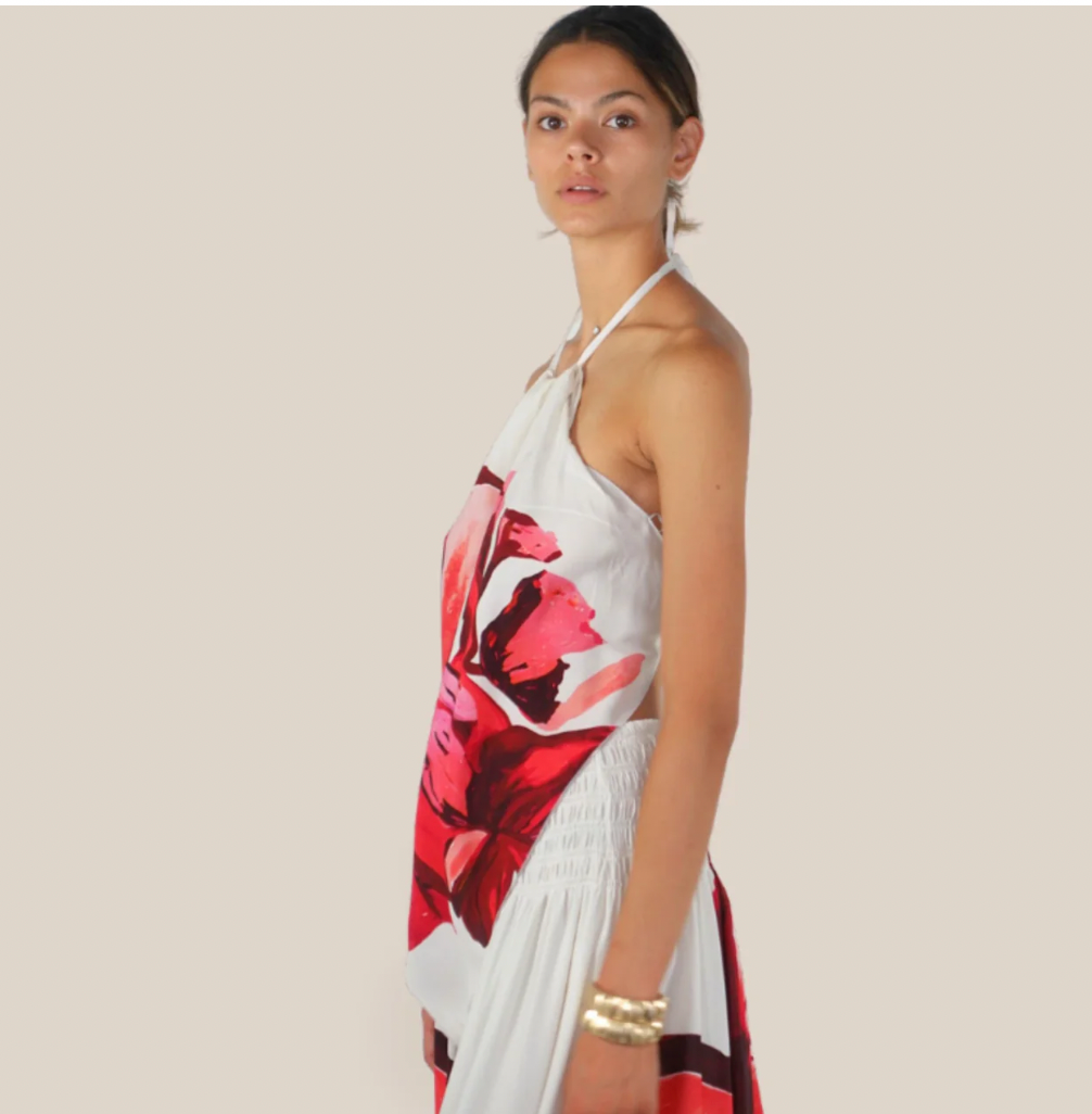 Foulard-Top Weiß mit Fuchsiablume 100% Viskose – Tensione In