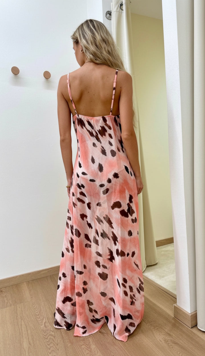 Langes Trägerkleid Rosa mit braunen Details – Tensione In