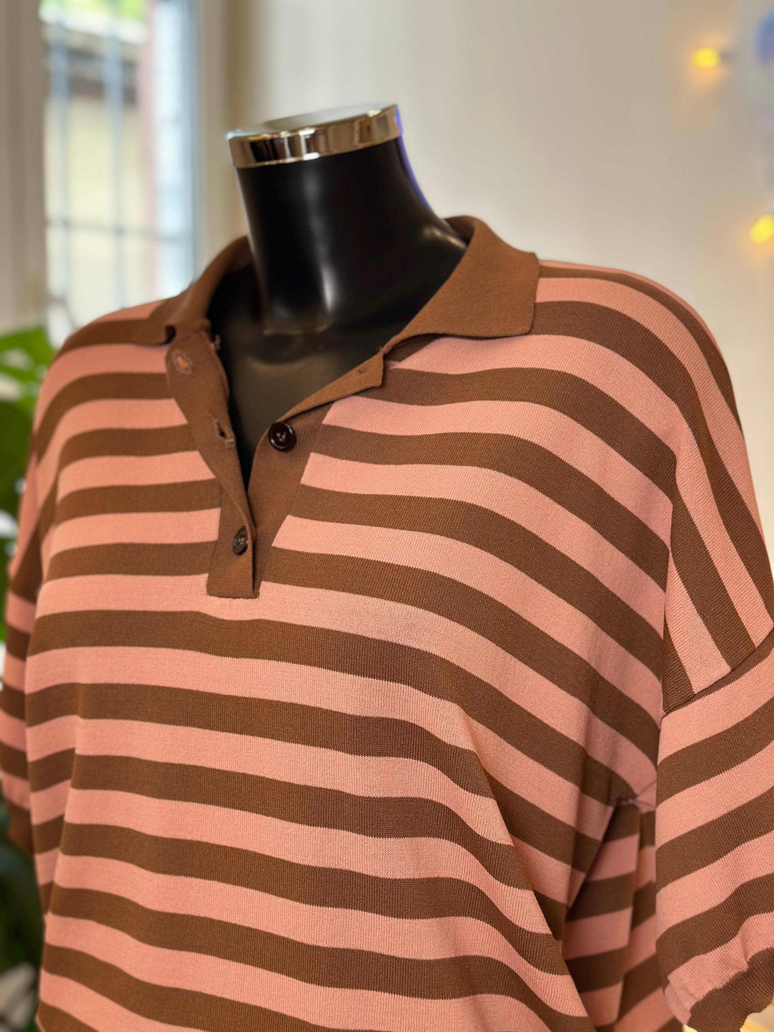 Poloshirt Gestreift Tabak Rosa Vicolo