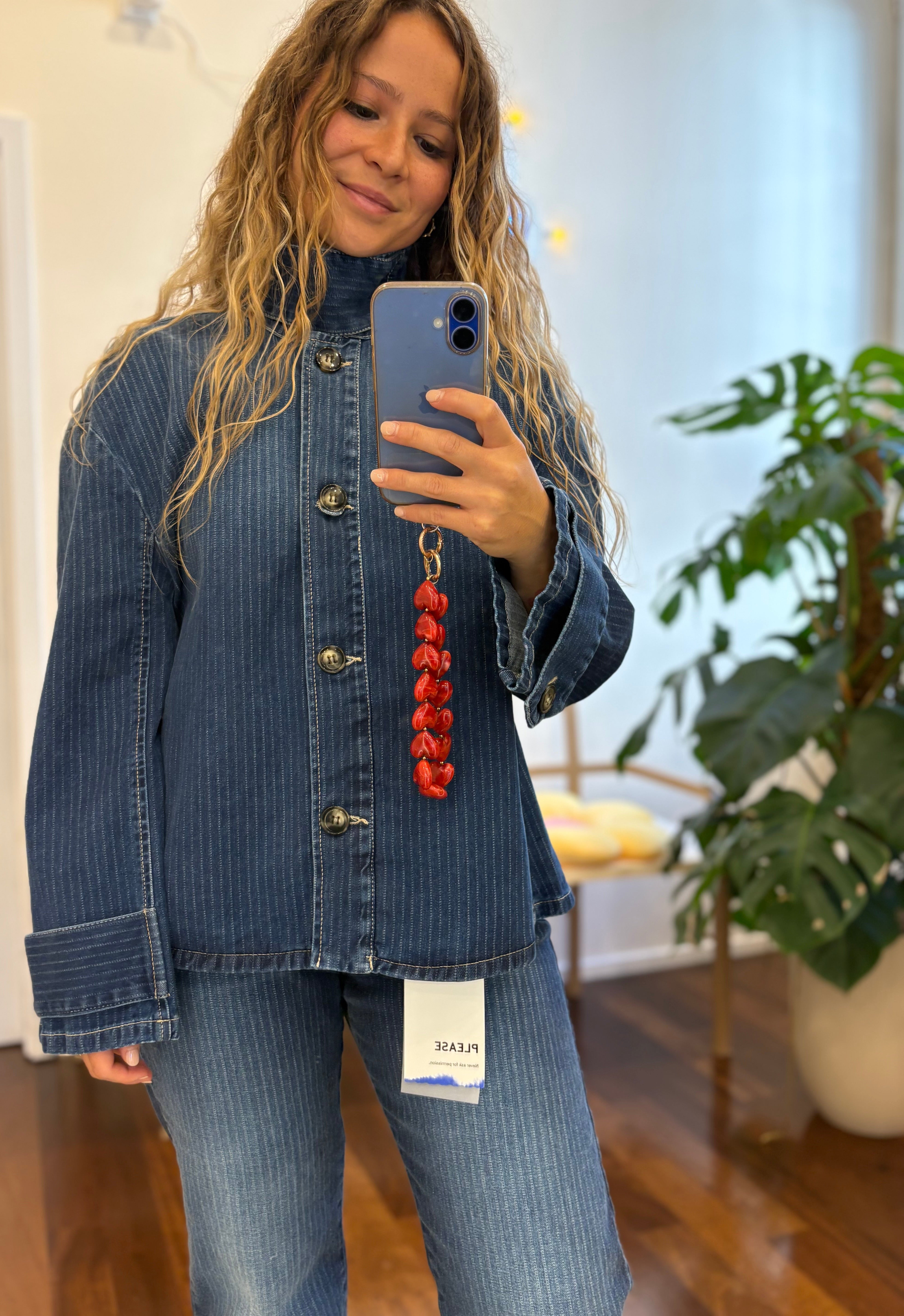 Blaue Gestreifte Jeansjacke