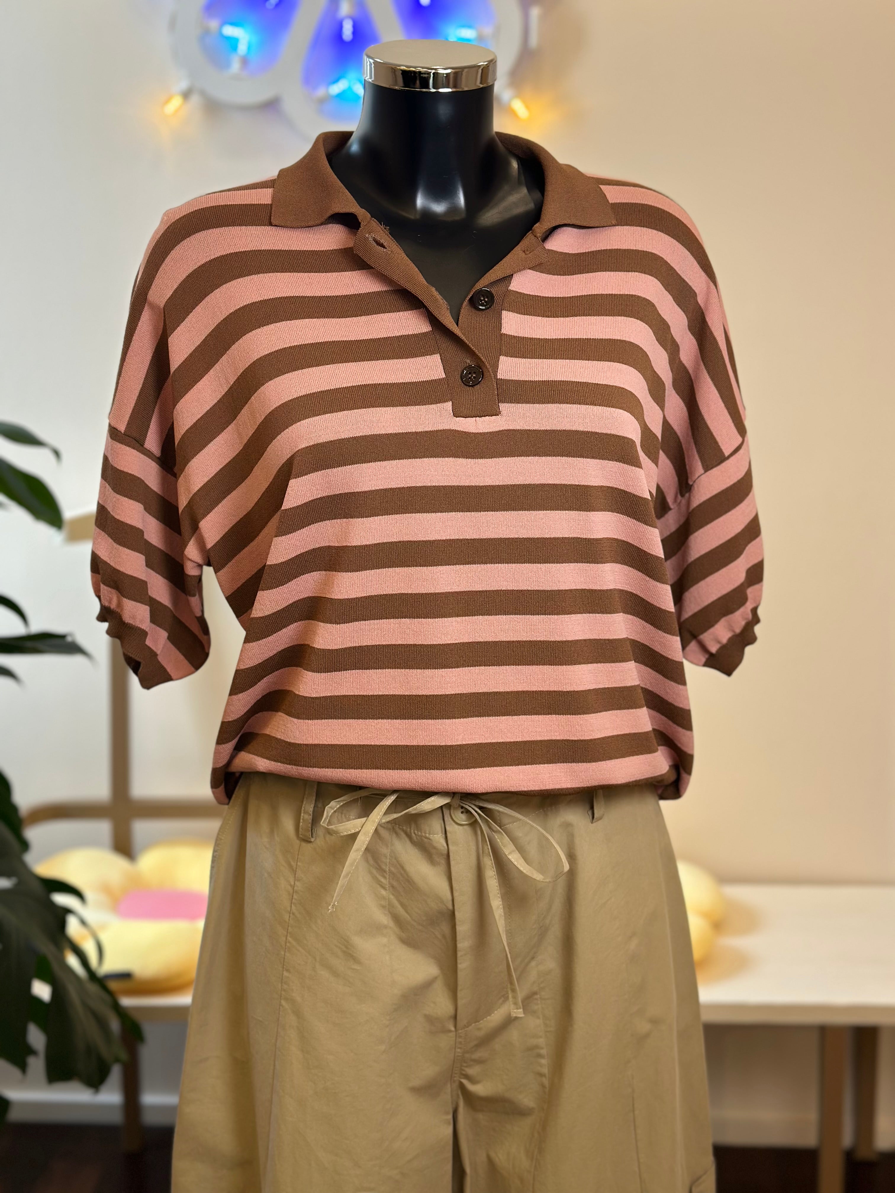 Poloshirt Gestreift Tabak Rosa Vicolo