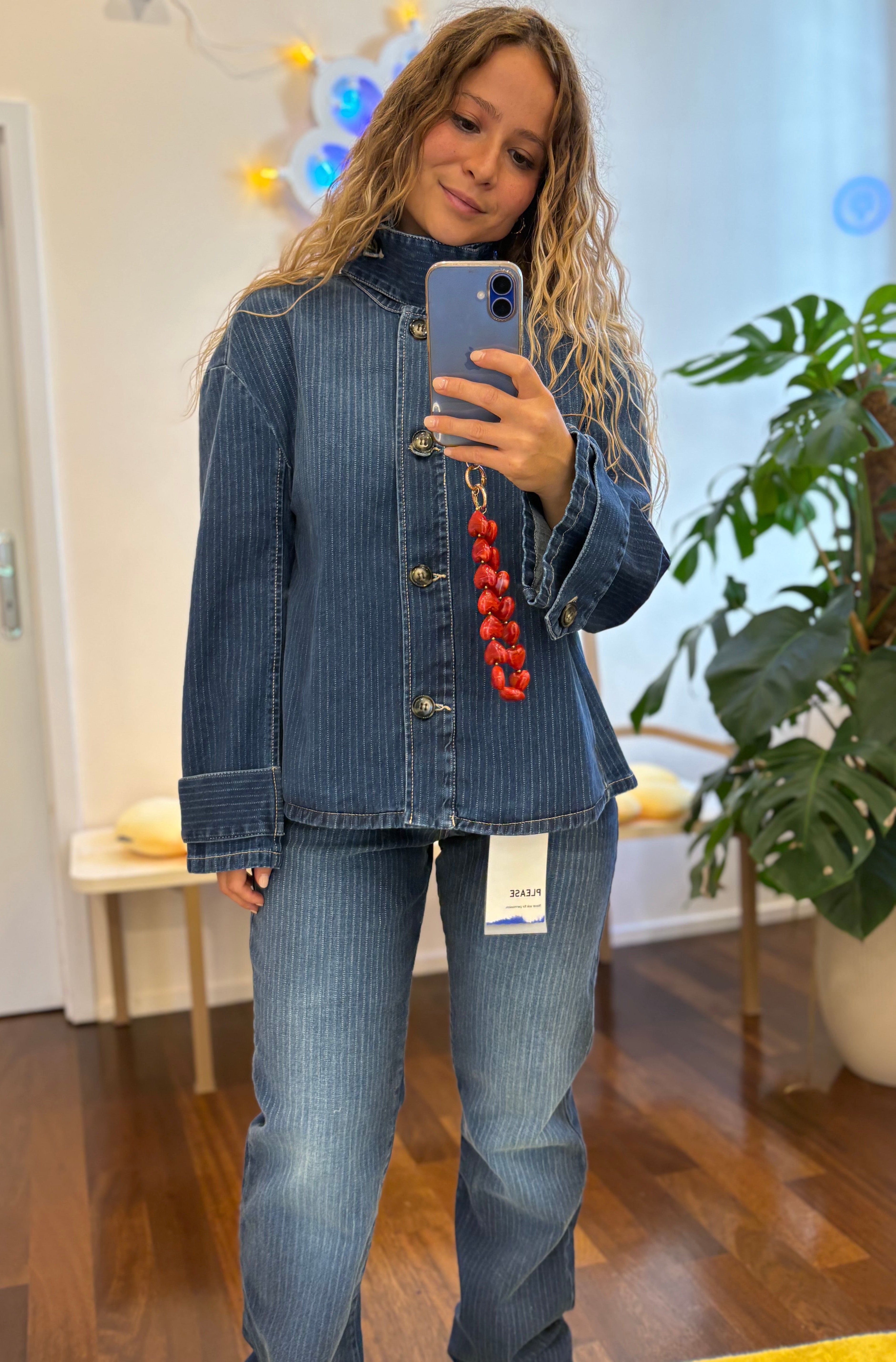 Blaue Gestreifte Jeansjacke