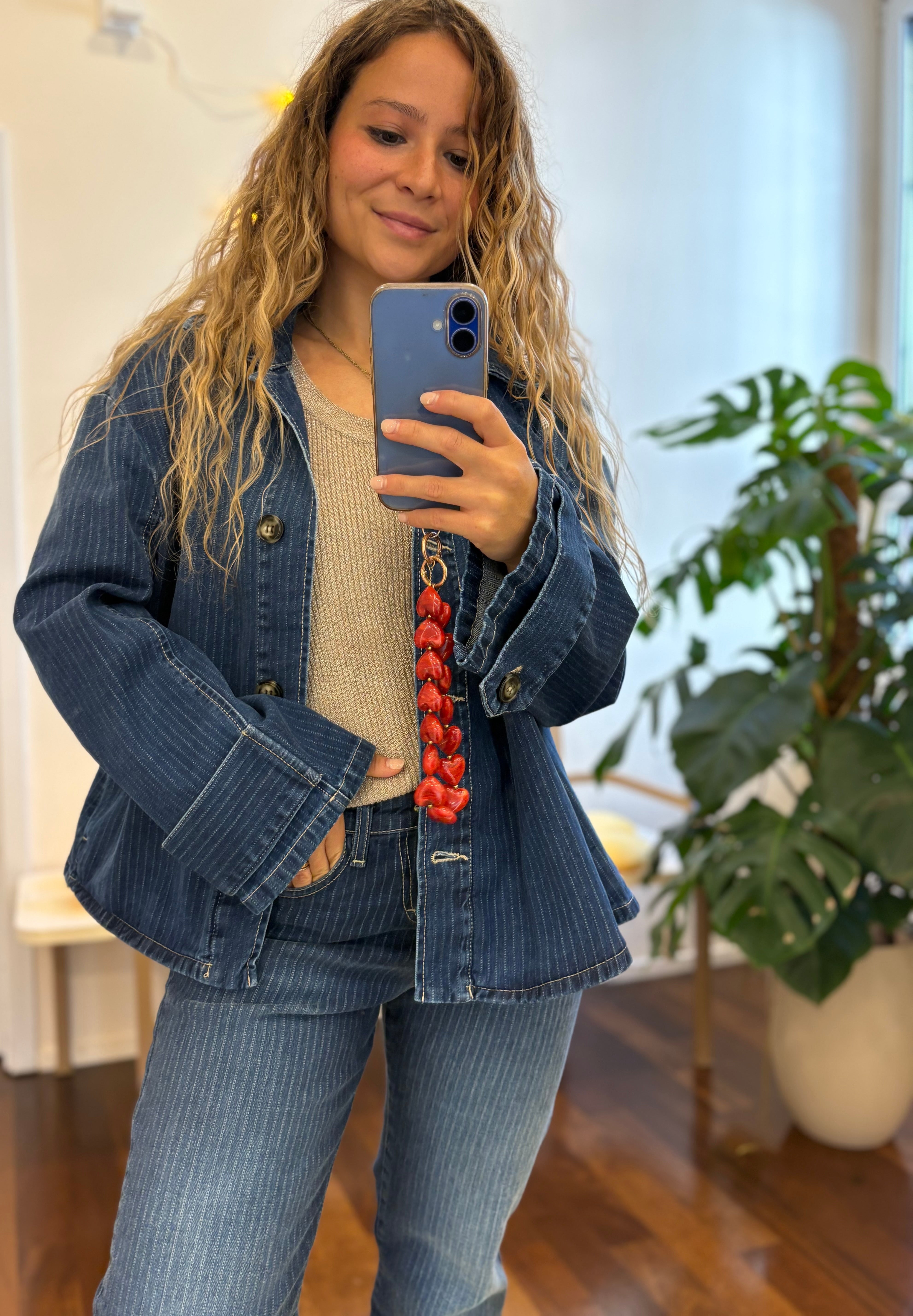 Blaue Gestreifte Jeansjacke