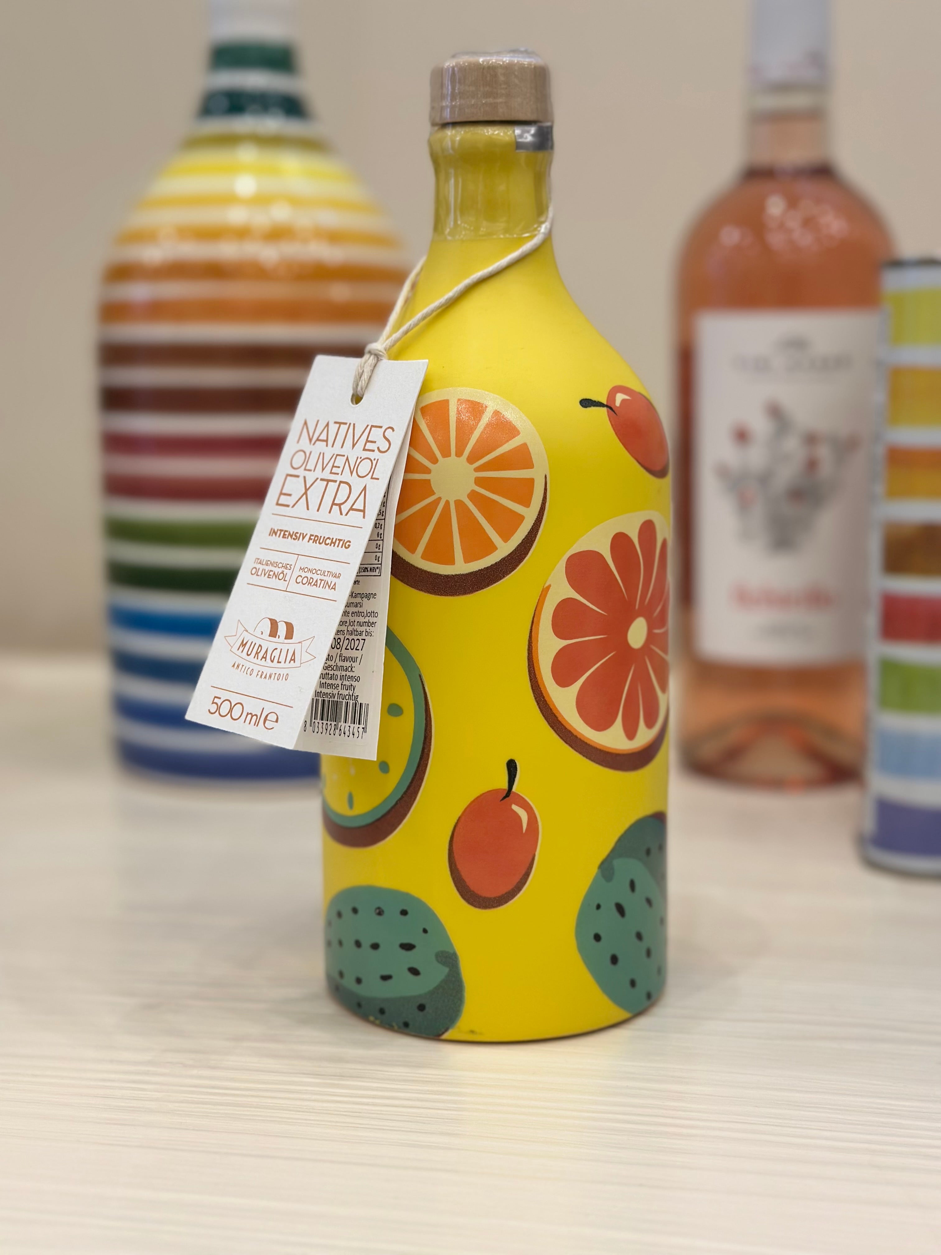 Olivenöl in Keramikflasche Gelb mit Früchten Muraglia