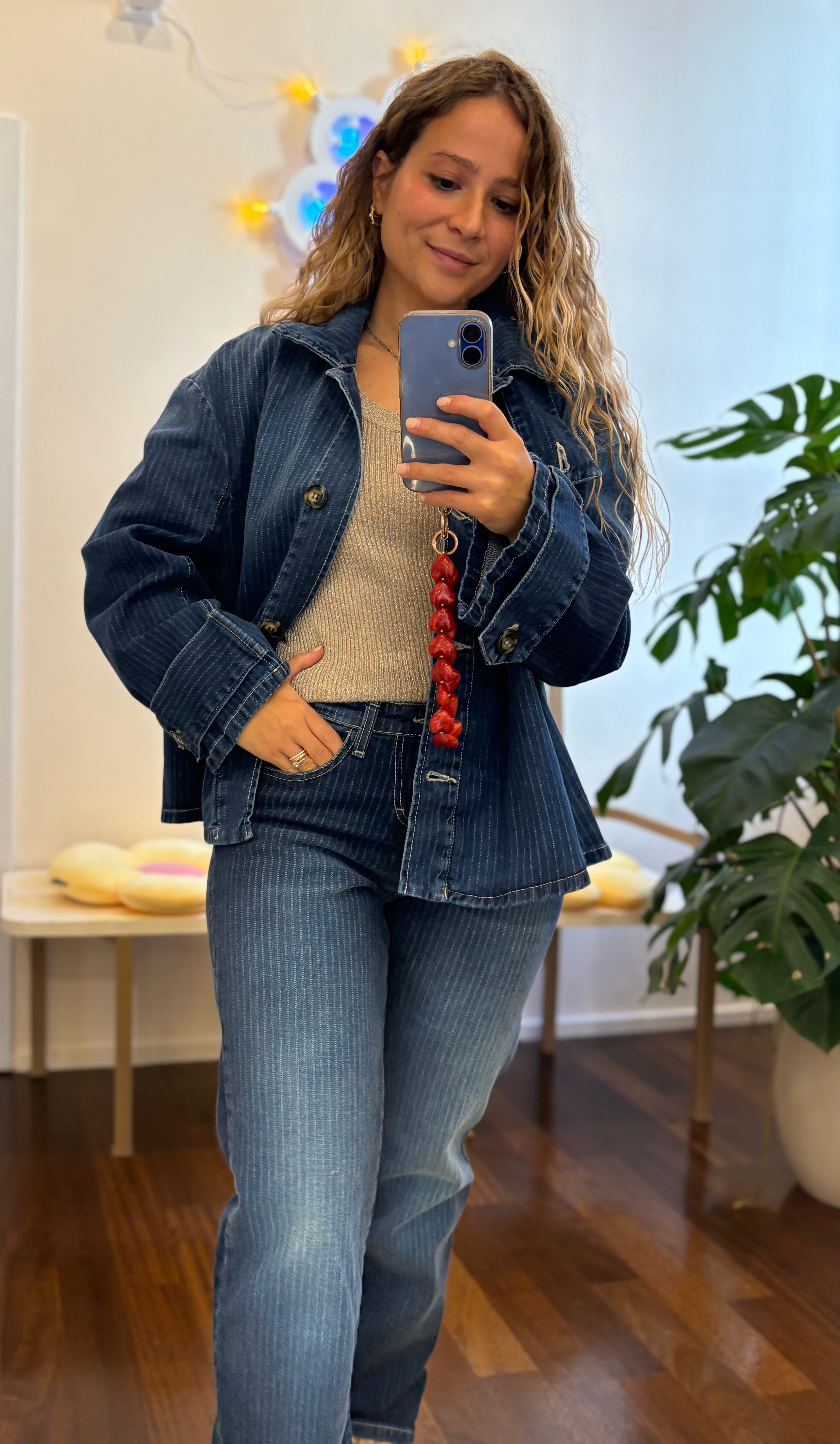 Blaue Gestreifte Jeansjacke