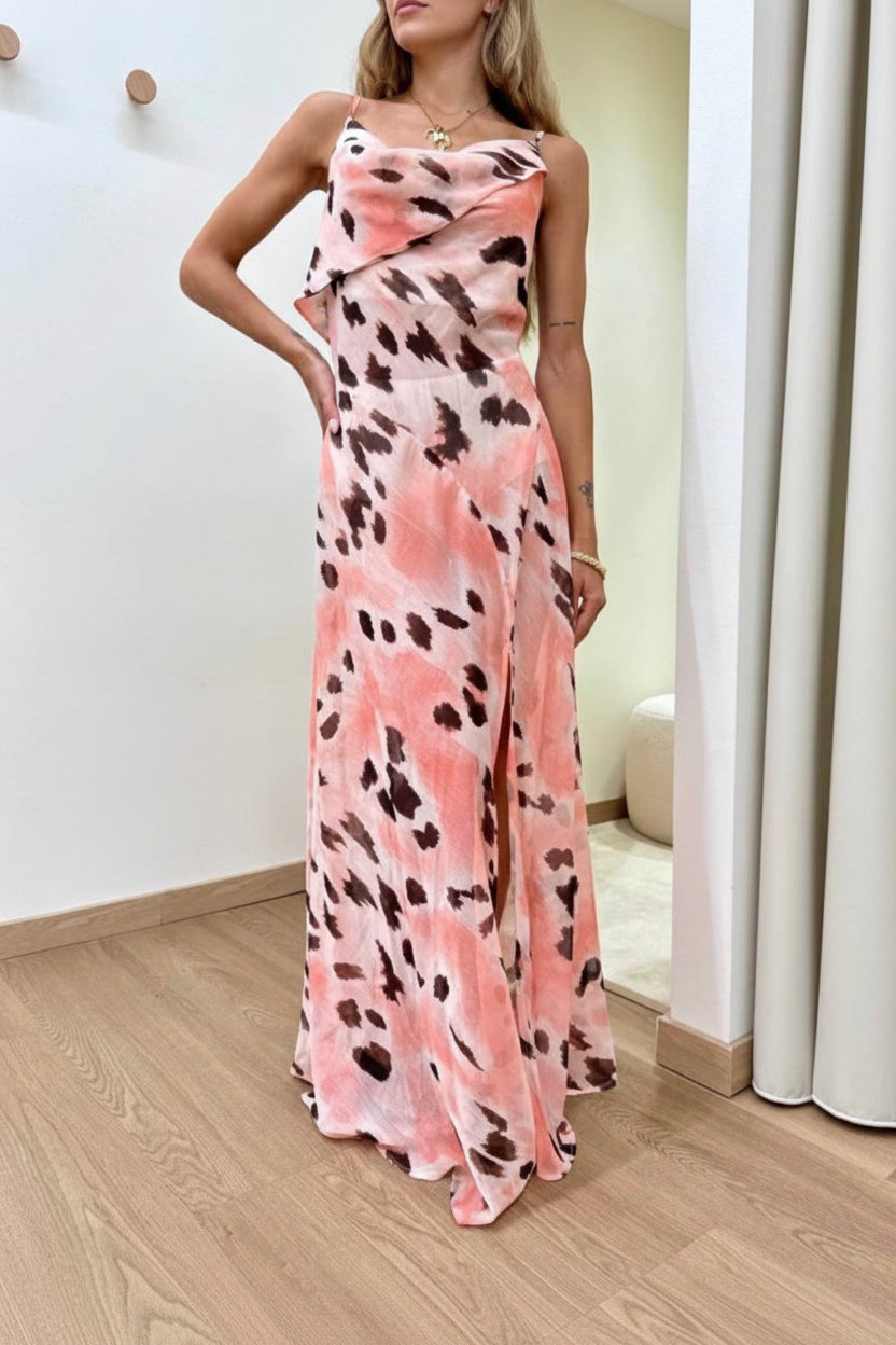 Langes Trägerkleid Rosa mit braunen Details – Tensione In