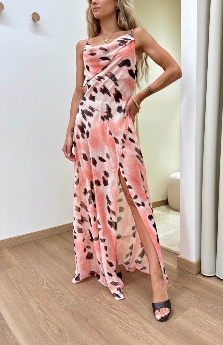 Langes Trägerkleid Rosa mit braunen Details – Tensione In