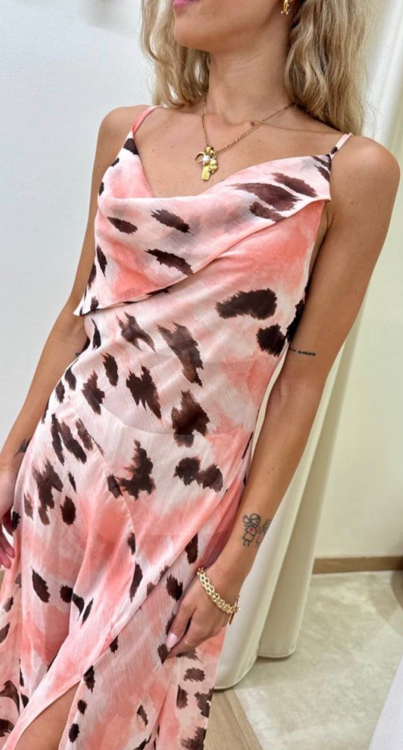Langes Trägerkleid Rosa mit braunen Details – Tensione In
